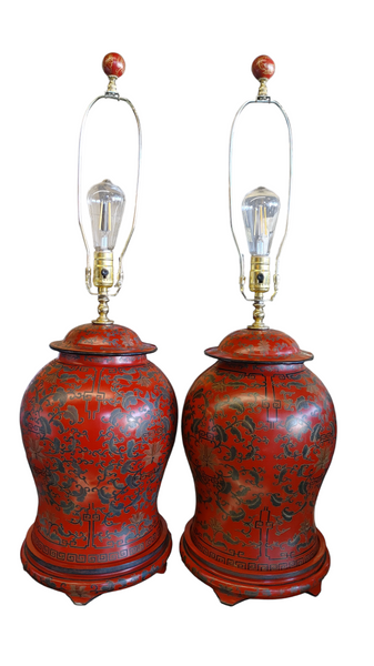 Pair Vintage Chinese Red Lacquer Ginger Jar Table Lamp Custom Made 20th Century