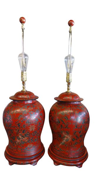 Pair Vintage Chinese Red Lacquer Ginger Jar Table Lamp Custom Made 20th Century