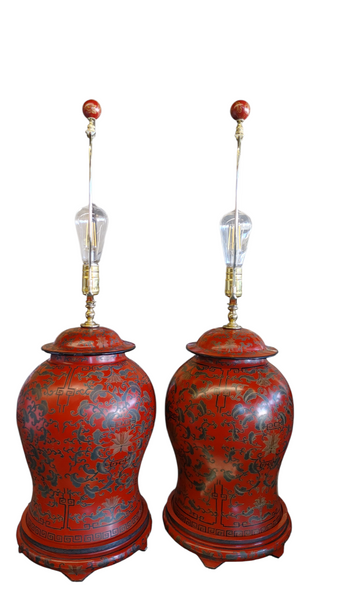 Pair Vintage Chinese Red Lacquer Ginger Jar Table Lamp Custom Made 20th Century