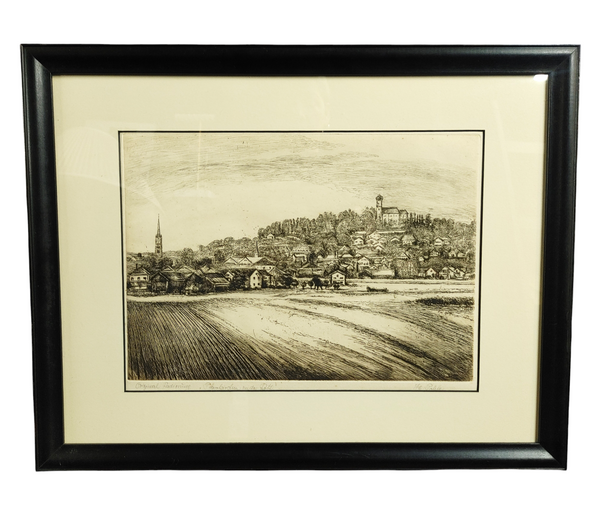 Original Lithograph Hand Signed Olde World Village Scene