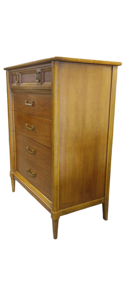 Thomasville MCM 5 Drawer Wood and Wicker Style Chest of Drawers