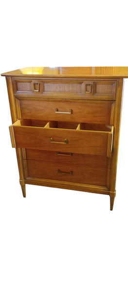 Thomasville MCM 5 Drawer Wood and Wicker Style Chest of Drawers
