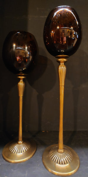 Tortoise Shell Amber Hurricane Glass Candle Holders - PAIR