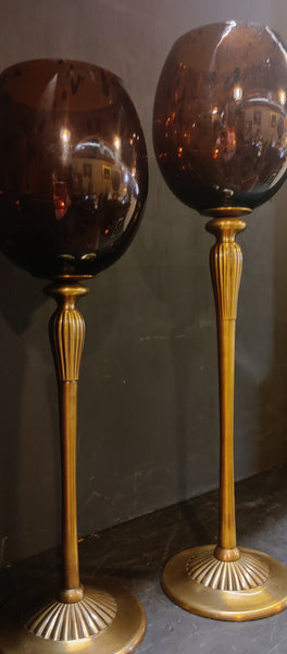 Tortoise Shell Amber Hurricane Glass Candle Holders - PAIR