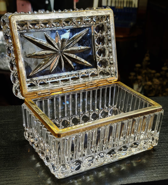 Vintage Crystal Jewelry Trinket Box Brass Hinged