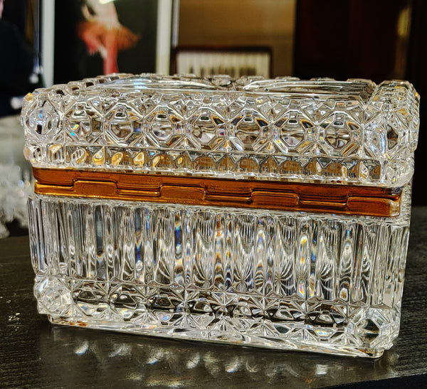 Vintage Crystal Jewelry Trinket Box Brass Hinged