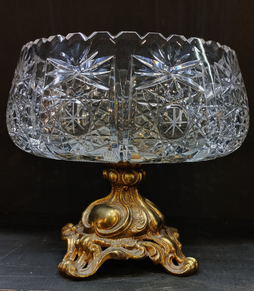 Cut Crystal Bronze Base Pedestal Bowl Centerpiece