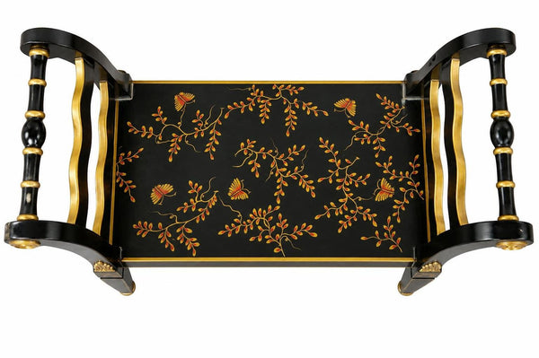 Chinoiserie Black Lacquered Wood Bench with Gold Floral Accents