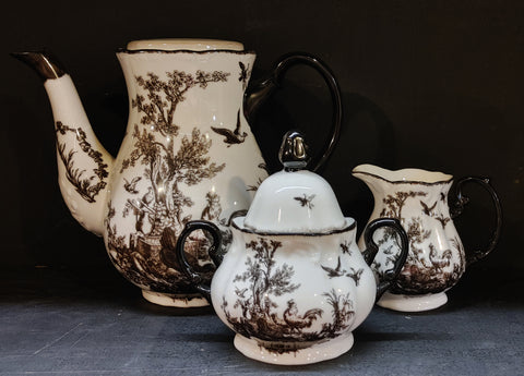 Vintage French Country Toile Porcelain Tea Set Aux Au Provence