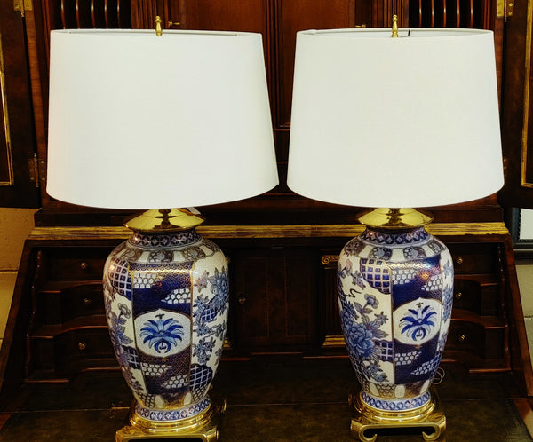 Asian Chinoiserie Blue White Urn Lamps Blue Floral  - A Pair