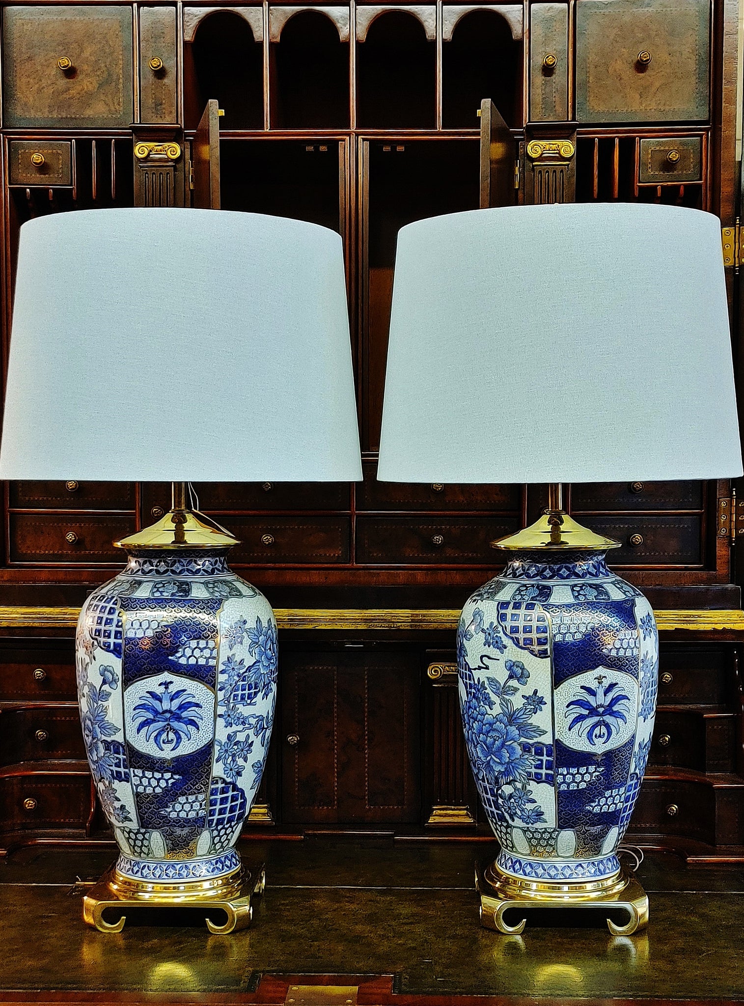Asian Chinoiserie Blue White Urn Lamps Blue Floral  - A Pair
