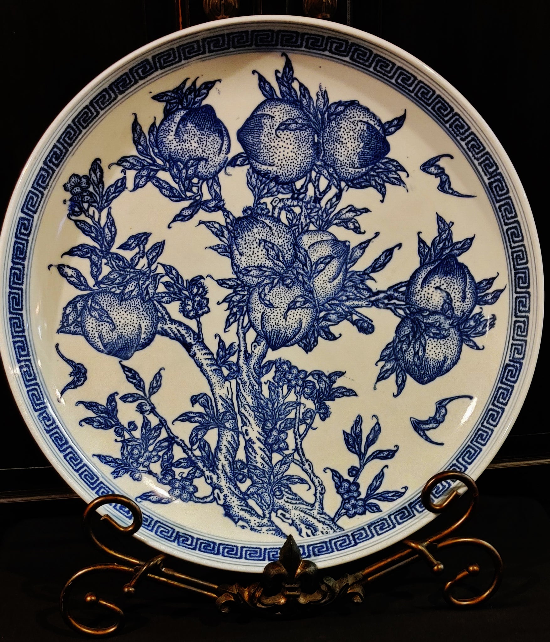 Large Chinese Blue and White Chinoiserie Charger with Stand