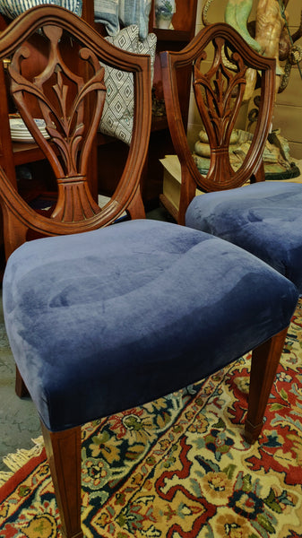 Vintage Shield Back Dining Side Chairs Blue Velvet Cushions - A Pair
