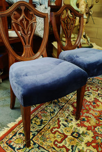 Vintage Shield Back Dining Side Chairs Blue Velvet Cushions - A Pair