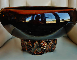 Gloria Cohen Black Asian Inspired Footed Pottery Bowl Centerpiece
