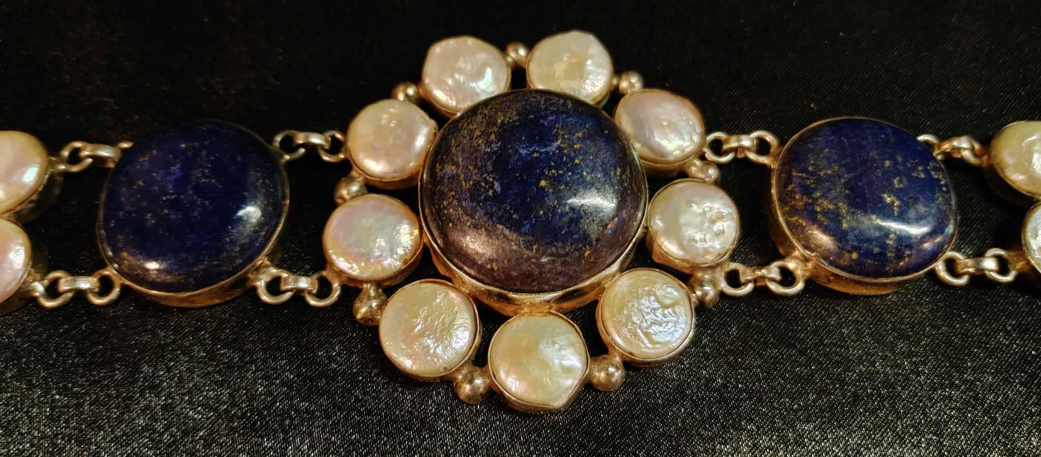 Lapis Lazuli Coin Pearl Bracelet 925 Sterling Silver