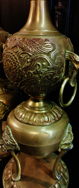 Vintage Asian Brass Table Lamps Foo Dog Chinoiserie - A Pair