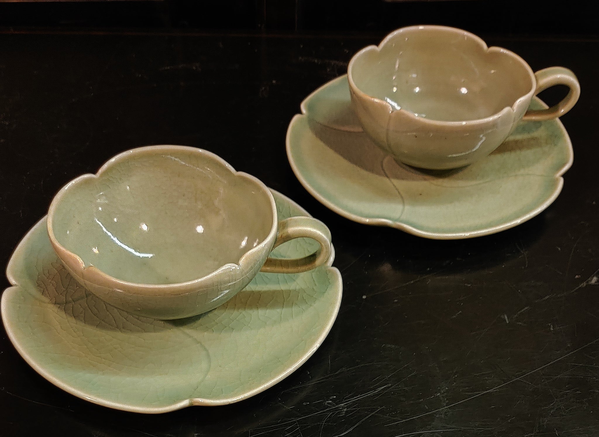 Vintage Handmade Signed Glazed Pottery Scalloped Flat Cups and Saucers by Elsa Rady