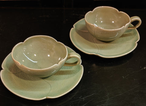 Original Celadon Green Glazed Pottery Scalloped Tea Cups and Saucers Signed Elsa Rady