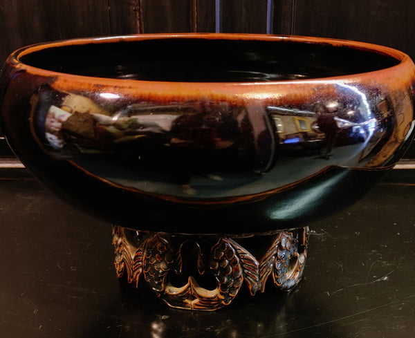 Gloria Cohen Black Asian Inspired Footed Pottery Bowl Centerpiece