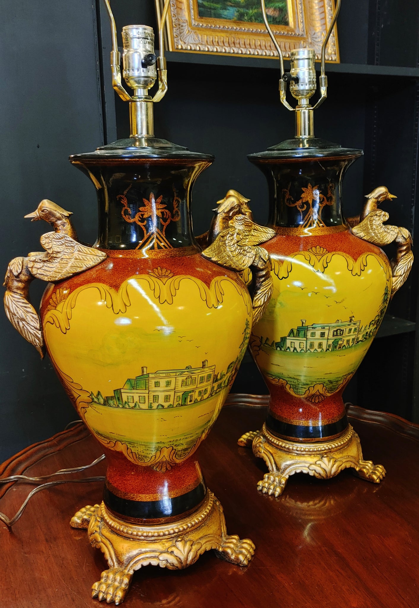 Neoclassical Style Footed Urn Lamps with Bird Handles - A Pair