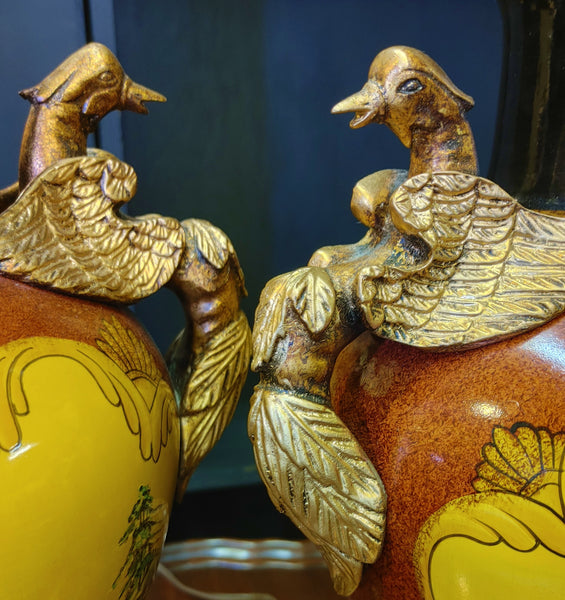 Neoclassical Style Footed Urn Lamps with Bird Handles - A Pair