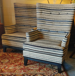 Modern Wing Back Chairs Striped Black Tan - A Pair